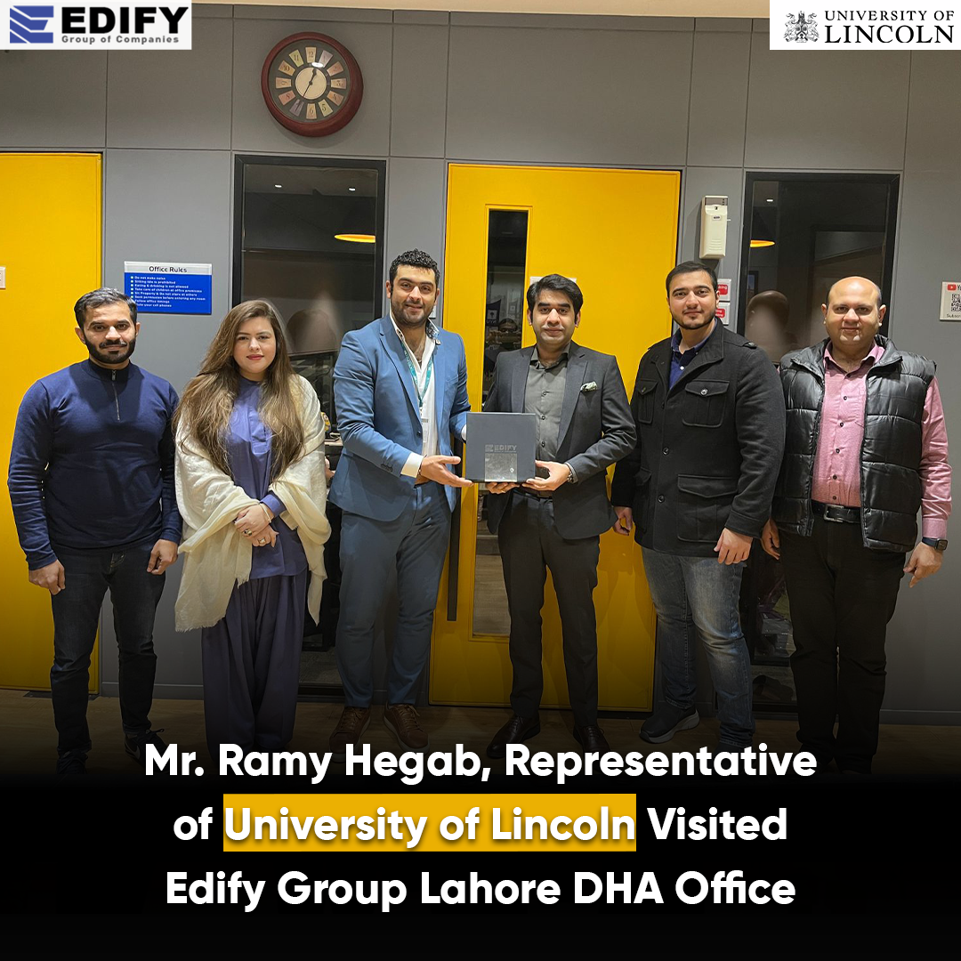 Mr. Ramy Hegab , a representative from the University of Lincoln, visited the Edify Group Lahore DHA office. The purpose of his visit was to explore potential collaboration opportunities between the University of Lincoln and Edify Group. During the meeting, Mr. Hegab discussed various academic programs, research initiatives, and exchange opportunities that could benefit both institutions. The visit underscored Edify Group's commitment to fostering partnerships with renowned academic institutions to enhance educational offerings and opportunities for Students.