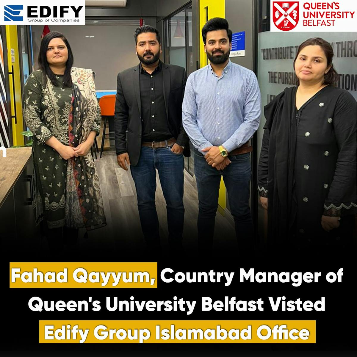 Exciting collaboration alert! 🎉 Fahad Qayyum, Country Manager of Queen's University Belfast, paid a visit to the Edify Group Islamabad office. Our team had an insightful discussion on fostering academic partnerships and enhancing educational opportunities for students. Stay tuned for updates on this promising collaboration! 🌟